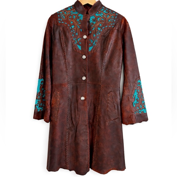 STUNNING! Tribe America Brown Leather Turquoise Suede Inset Whipstitch Jacket - Picture 1 of 10